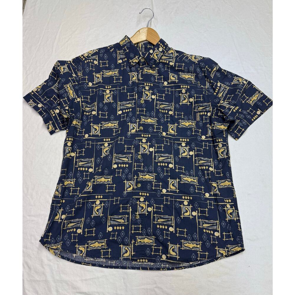 Woolrich Shirt Mens large Blue Fishing All Over Print short sleeve